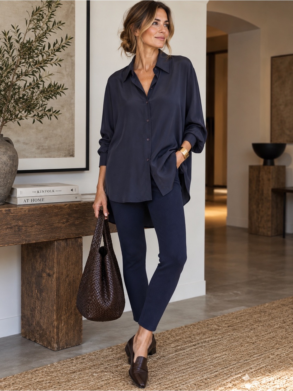 Votre Nom Paris 100% Silk Shirt Stretch Pants 2 Piece Set Navy L NWT